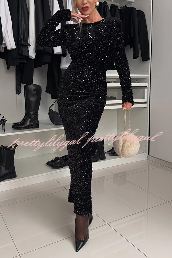 My Space Velvet Sequin Long Sleeve Open Back Bow Detail Stretch Maxi Dress