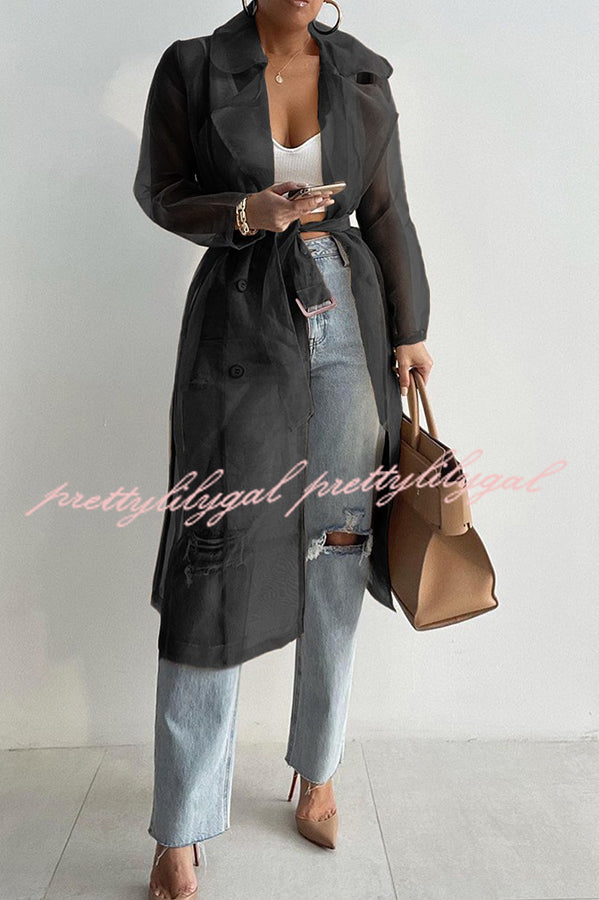 Solid Color Patchwork Button Belt Pocket Long Sleeve Coat