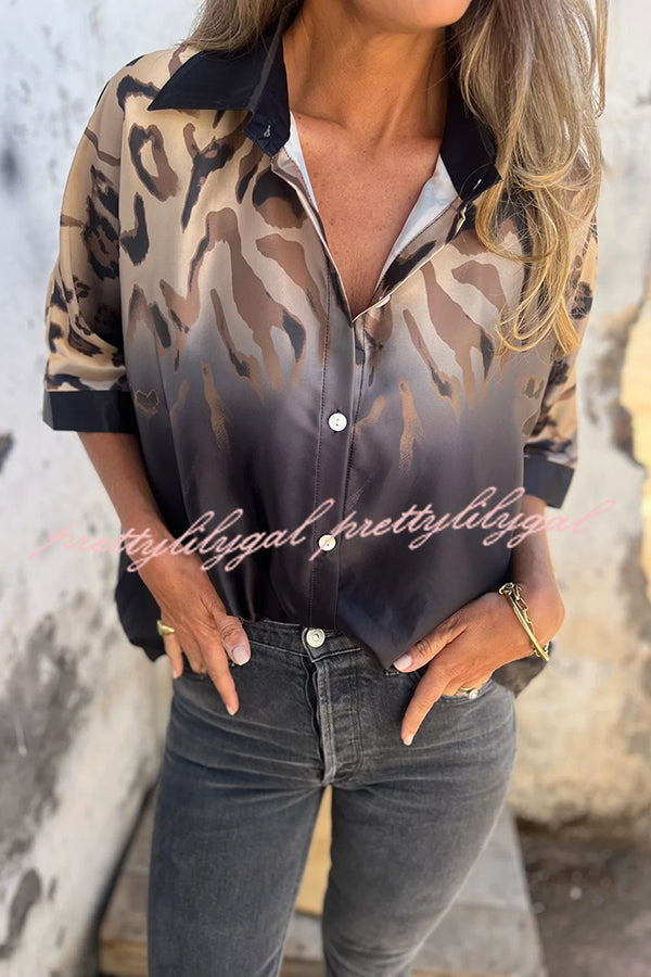 Classic Wild Satin Gradient Leopard Print Loose Short-sleeved Blouse