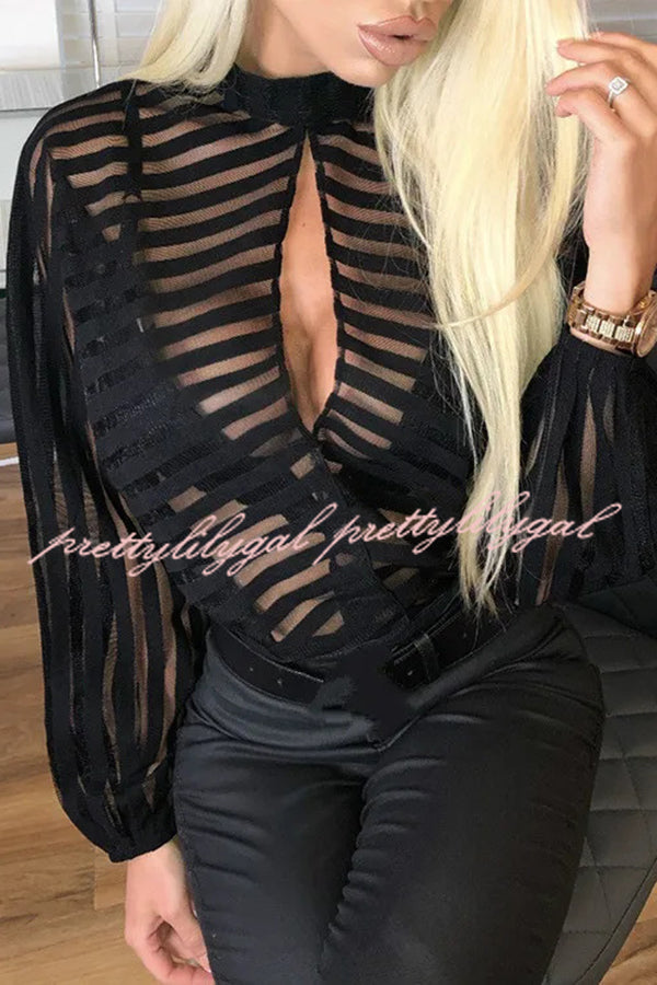 Sexy Hollow See-through Striped Stand-collar Shirt