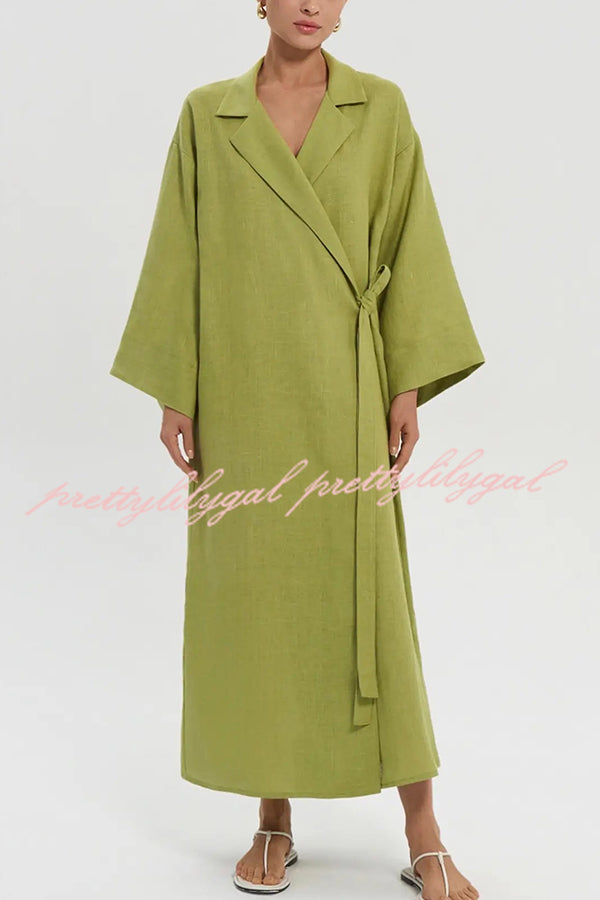 Linen Blend Solid Color Casual Lapel Tie Loose Maxi Dress