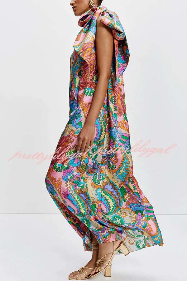 Rainbow Breeze Satin Unique Print Bow One Shoulder Loose Maxi Dress