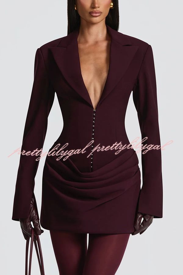 Solid Color Slim-fit V-neck Elegant Draped Formal Mini Dress