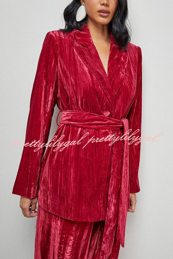 Solid Color Velvet Long-sleeved Waist Tie Top and Elastic Waist Casual Pocket Straight-leg Pants Set
