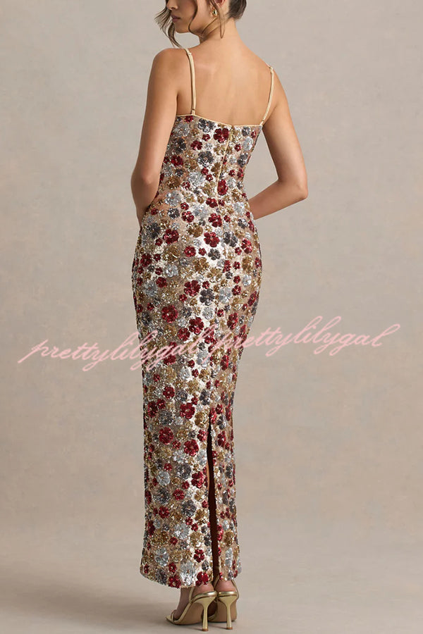 The Center of Attention Floral Print Sequin Square Neck Slip Stretch Maxi Dress