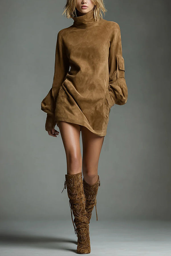 Stylish Suede High-Neck Long-Sleeved Casual Pocket Mini Dress