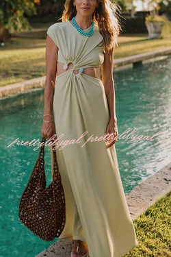 Eye-catching Ribbed Knit S-buckle Hardware Cutout Waist Maxi Dress