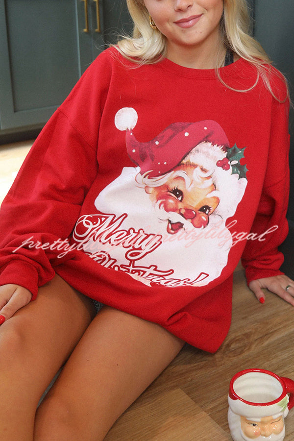 Christmas Santa Print Loose Round Neck Sweatshirt and Elastic Waist Casual Pants Set