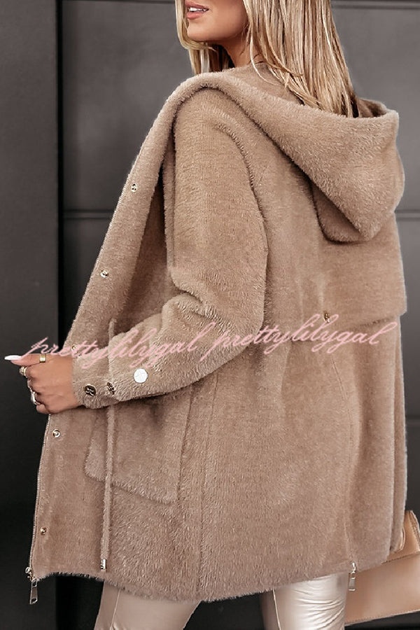 Fashion Drawstring Waistband Hooded Zipper Pocket Loose Coat