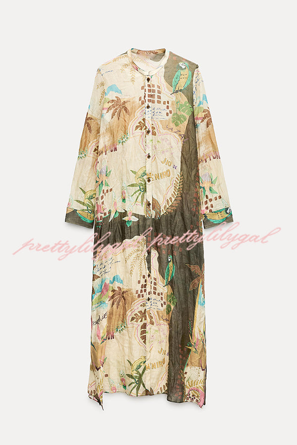 Cayla Linen Blend Unique Print Button Long Sleeve Shirt Midi Dress