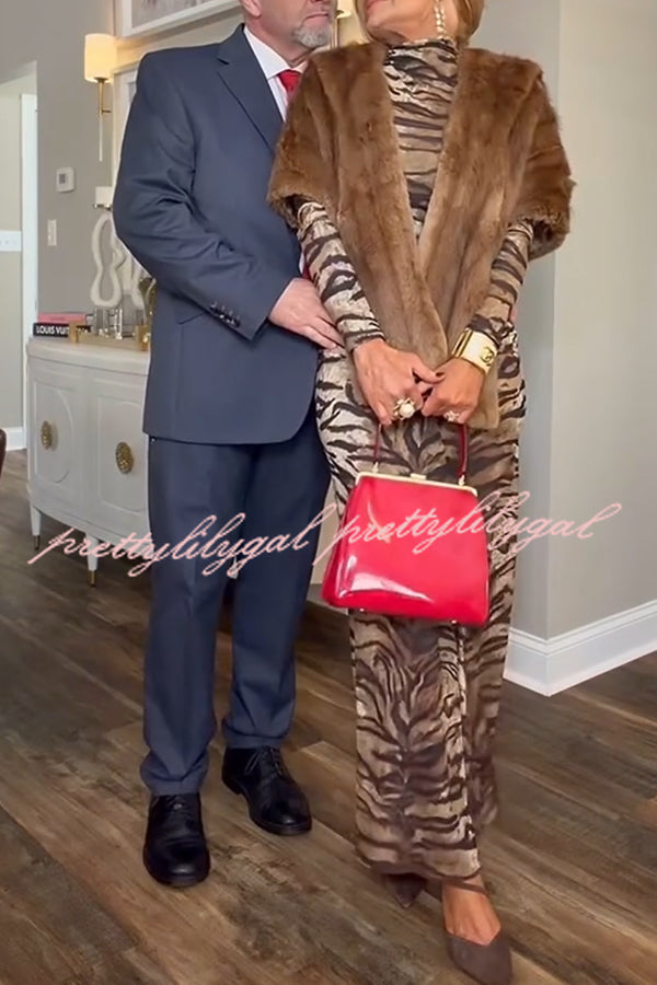 Winston Animal Print High-neck Long Sleeve Ruched Hip Stretch Maxi Dress