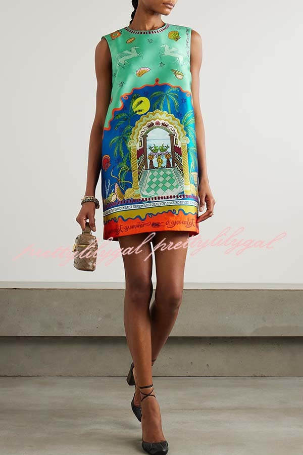 Natural Beauty Satin Unique Print Sleeveless H-line Mini Dress
