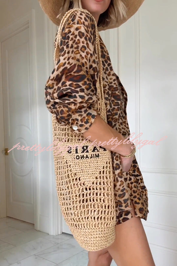 Trisha Linen Blend Leopard Print Long Sleeve Blouse and Elastic Waist Pocket Loose Shorts Set