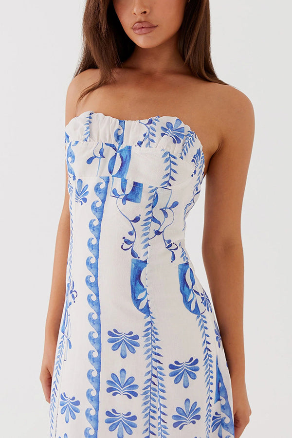 Freya Linen Blend Floral Wave Print Ruched Bust Strapless Maxi Dress –  prettylilygal