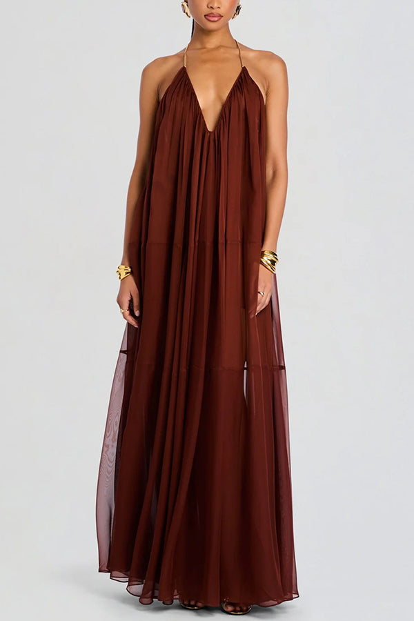 Flowing Lightweight Chiffon Chain Halter Neck Detail Backless A-line Maxi Dress Flowing Lightweight Chiffon Chain Halter Neck Detail Backless A-line Maxi Dress