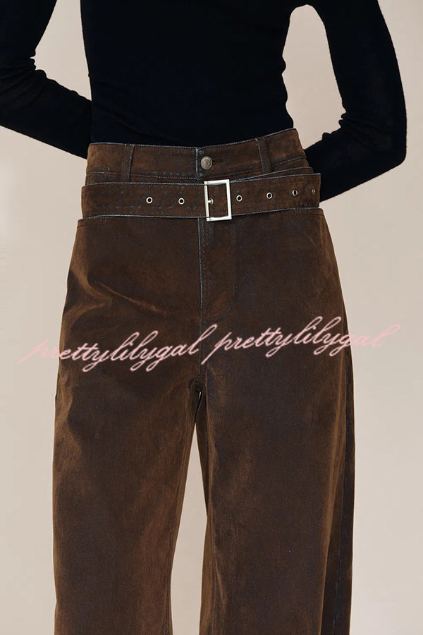 Taylor Denim Mid Rise Detachable Belt Flocked Pocket Wide Leg Jeans