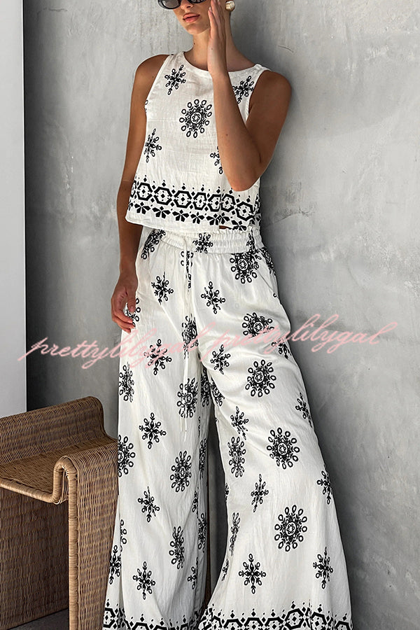 Unique Printed Round Neck Sleeveless Button Top and Elastic Waist Pocket Wide Leg Pants Set