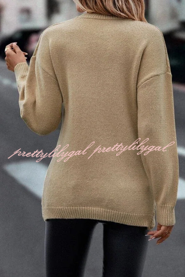 Solid Color V Neck Cross Jacquard Long Sleeved Sweater