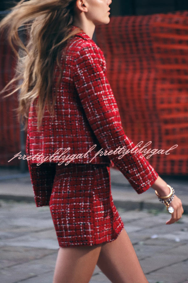 Tweed Plaid Textured Long-sleeved Casual Pocket Jacket