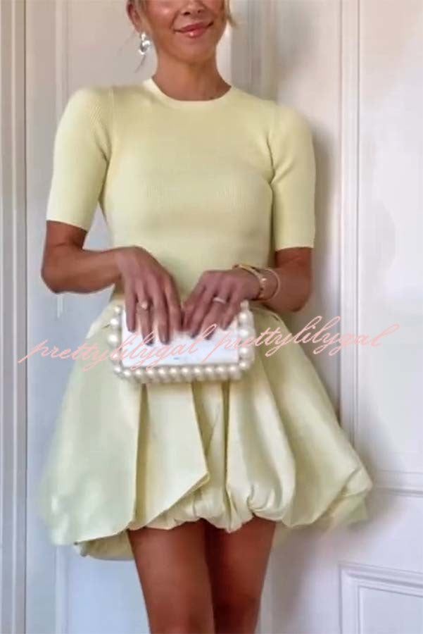 Simply Sweet Knit Ribbed Short Sleeve Bubble Hem Mini Dress