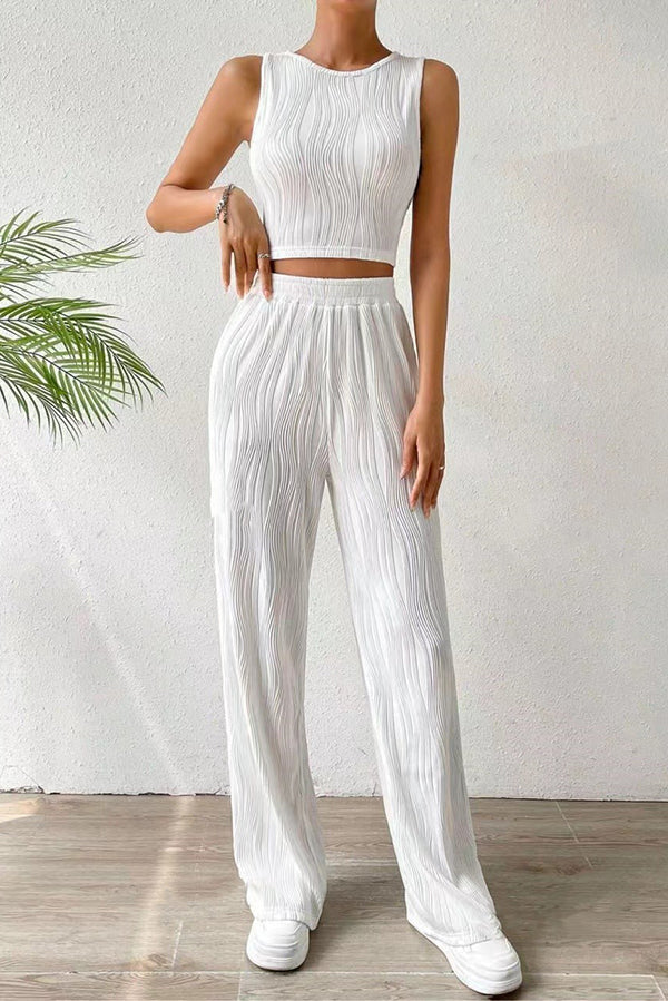 Solid Color Water Wave Crew Neck Tank Top and Elastic Waist Straight Pants Set