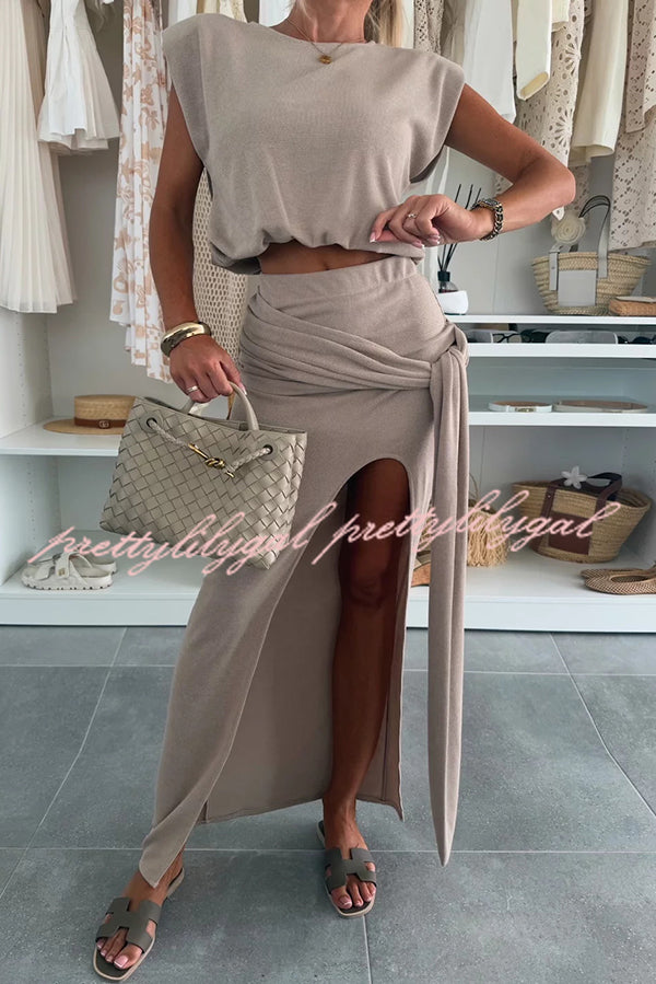 Comfortable Stylish Round Neck Sleeveless Casual Top and Elastic Waist Ruched Tie Slit Midi Skirt Set