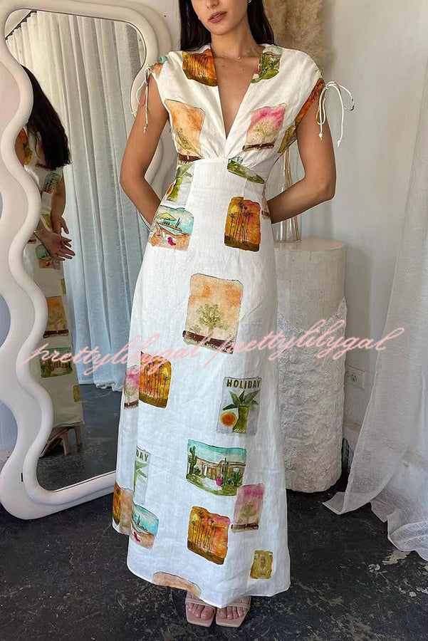 Art Summer Linen Blend Unique Print Drawstring Shoulder Loose Maxi Dress