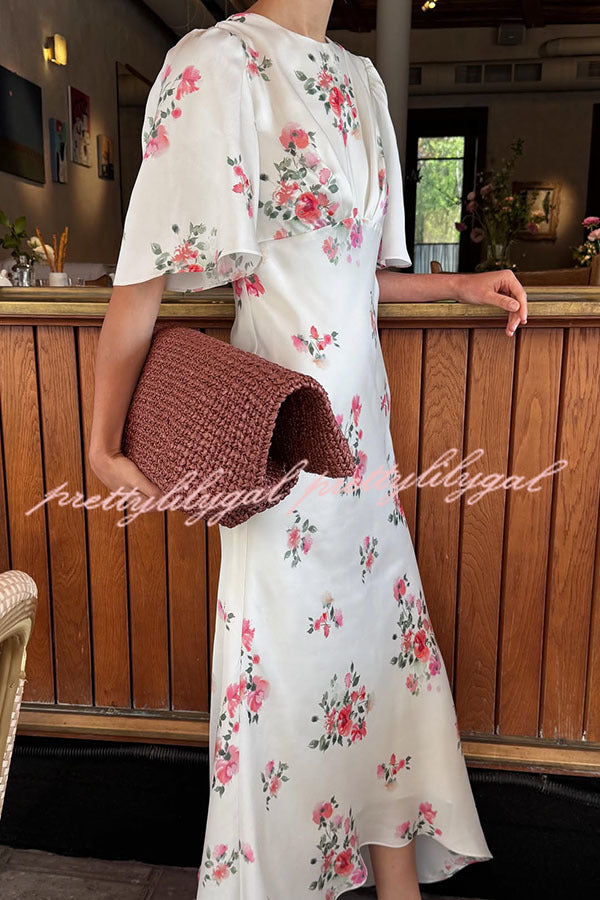 City Life Satin Floral Print Bell Sleeve Fitted Silhouette Maxi Dress