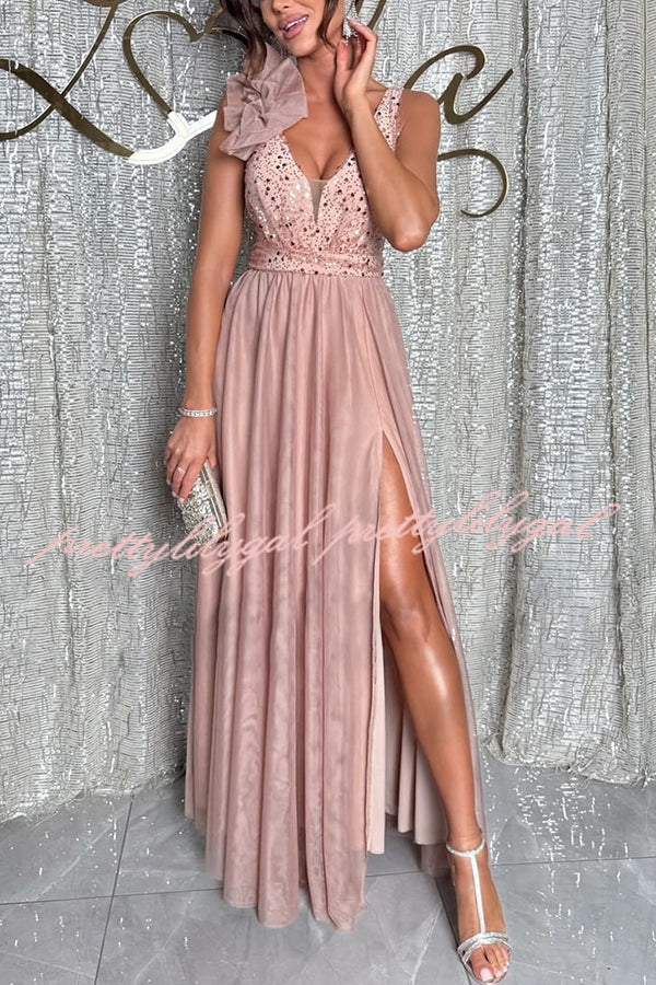 Everlasting Party Sequin Tulle Ruffles Shoulder Design Slit Maxi Dress