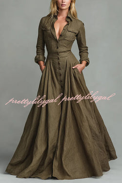 Linen Blend Lapel Pocket Single-breasted Shirt-style Casual Maxi Dress