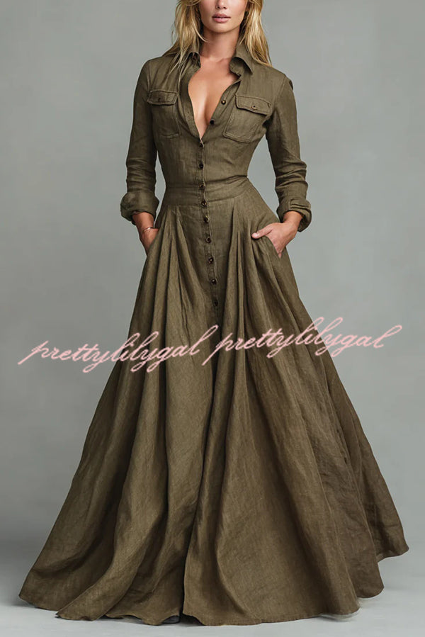 Linen Blend Lapel Pocket Single-breasted Shirt-style Casual Maxi Dress