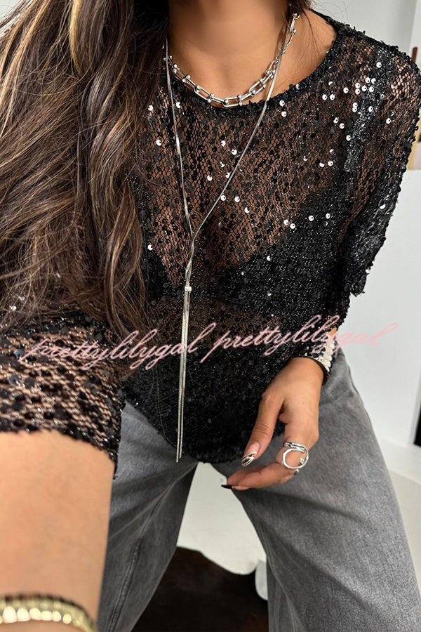 Shine Everywhere Sequin Mesh Half Sleeve Shift Blouse