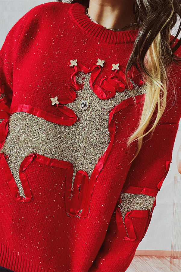 Christmas Pattern Knitted Crew Neck Long Sleeved Sweater