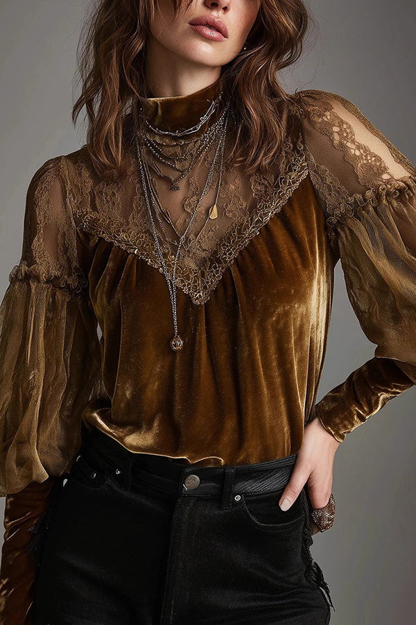 Fashionable Velvet and Mesh Patchwork Casual Long-sleeved Top