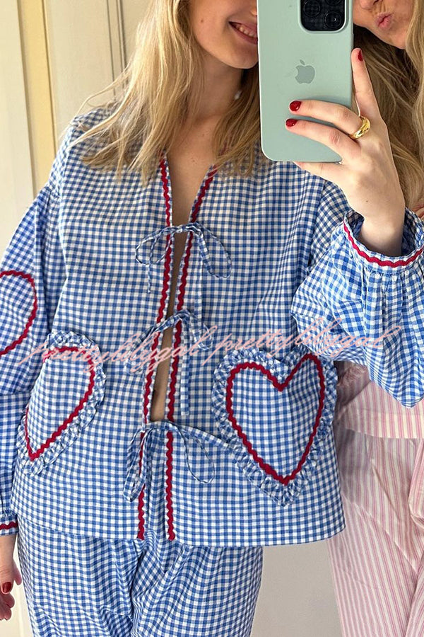 Lovely Plaid Heart Pattern Casual Lace-up Pocket Loose Shirt