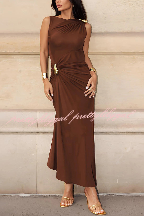Fashionable Metallic Embellishments Pleated Sleeveless Slim-fit Maxi Dress