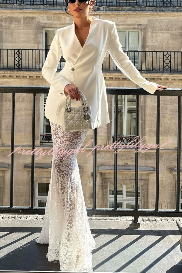 Poetic Muse Floral Lace High Rise Elastic Waist Fishtail Hem Maxi Skirt