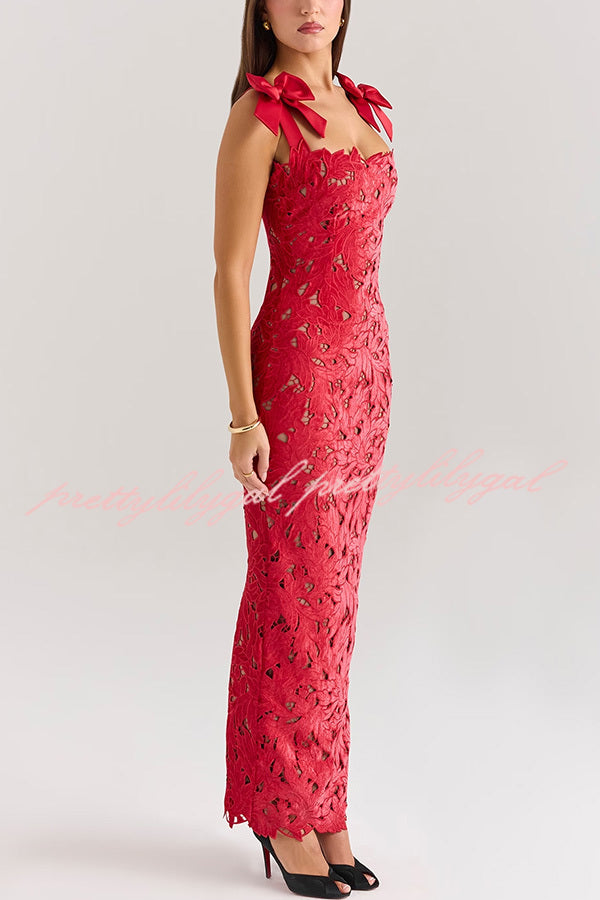 Holiday Intimacy Embroidered Floral Lace Bow Shoulder Straps Slit Maxi Dress