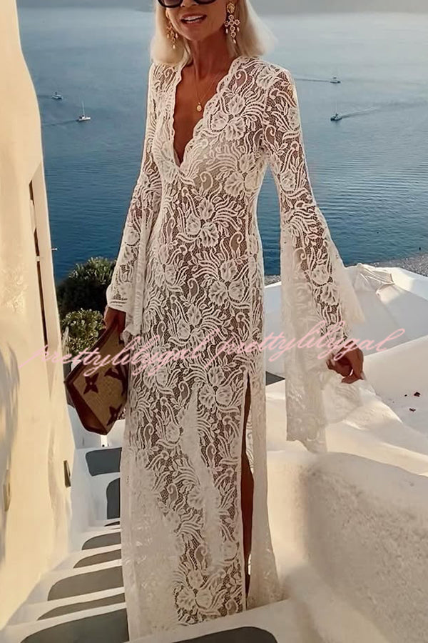 Dream Love Floral Lace Bell Sleeve V-neck Slit Maxi Dress