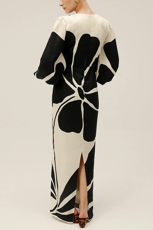 Kaya Linen Blend Color Block Print Front Cutout Knot Puff Sleeve Maxi Dress