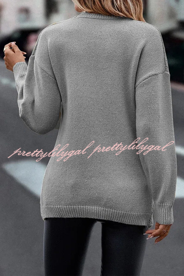 Solid Color V Neck Cross Jacquard Long Sleeved Sweater