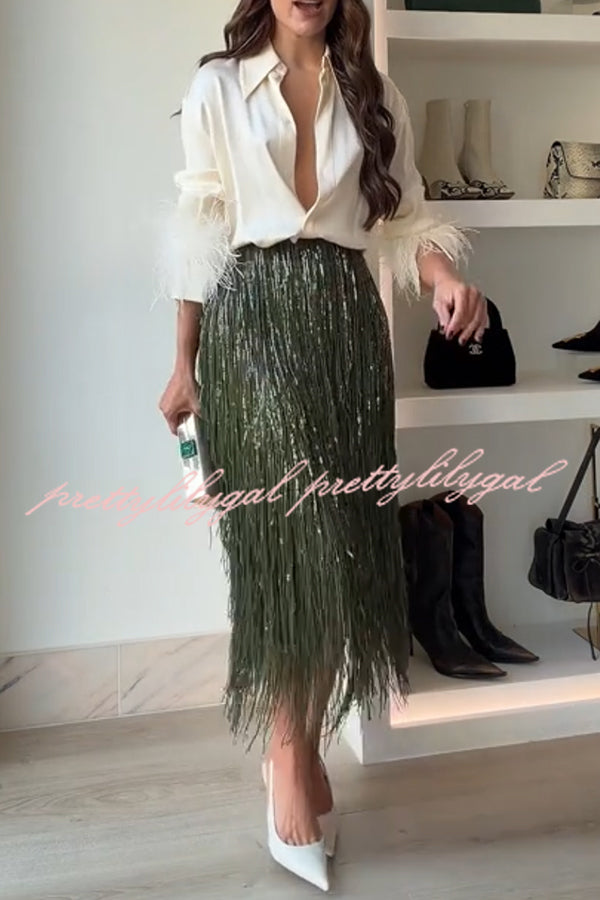 Party Crasher Layered Sequined Tassels High Rise Back Zipper Midi Skirt