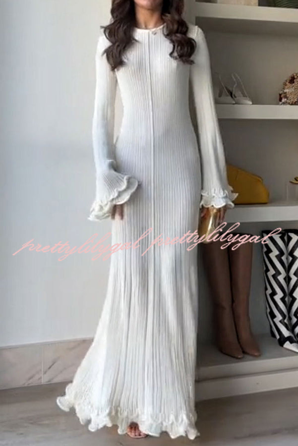 Clara Pleated Fabric Wavy Edges Bell Sleeve Tie-back Stretch Maxi Dress