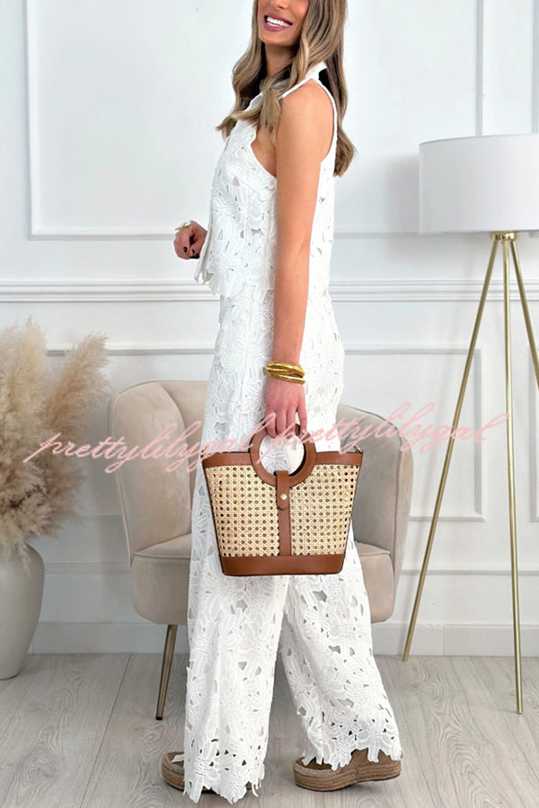 Delighted Embroidery Floral Hollow Lace Shirt-neck Vest and Wide Leg Pants Set