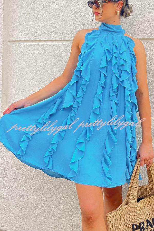 Oh So Sweet Chiffon High Neck Ruffle Pleated A-line Mini Dress