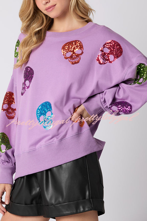 Halloween Skull Sequin Loose Casual Sweatshirt