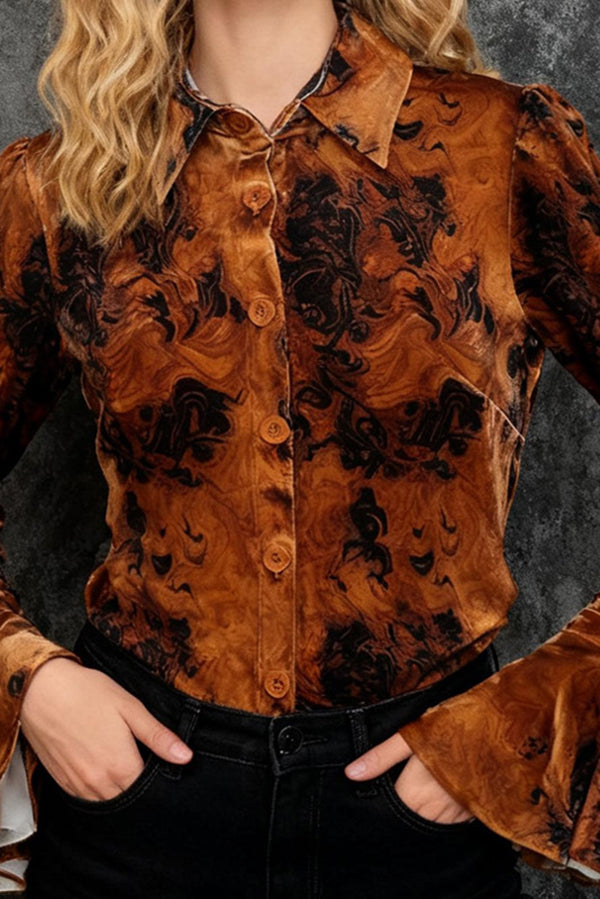 Unique Printed Velvet Flared Long-Sleeve Casual Shirt