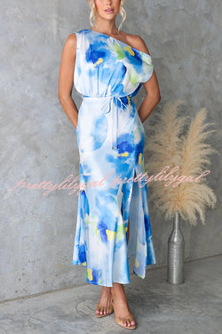 Satin Unique Print One Shoulder Tie Waist Slit Maxi Dress