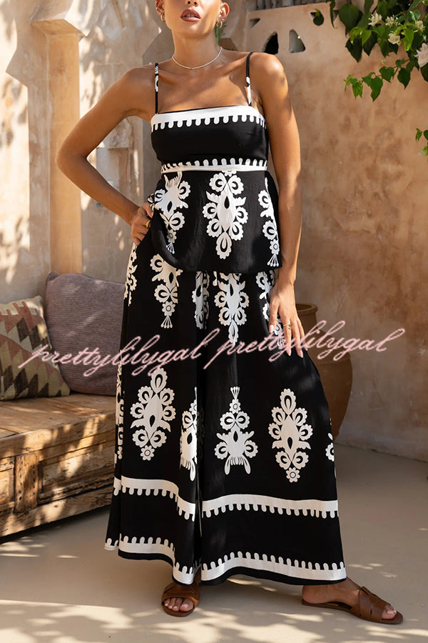 Unique Ethnic Print Suspender Pleated Top and Elastic Waist Loose Wide-leg Pants Set