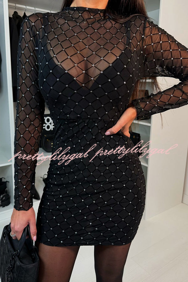 Sexy Language Mesh Glitter Fabric Long Sleeve Stretch Dress